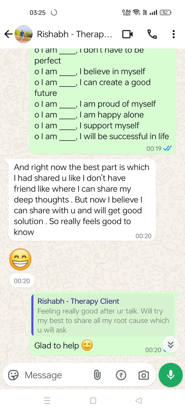 Client message: feels good to share deep thoughts