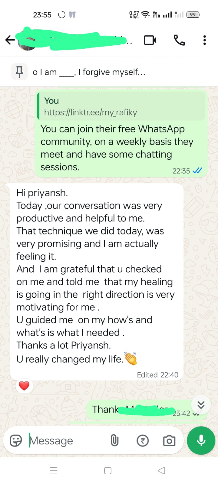 Client message: U really changed my life