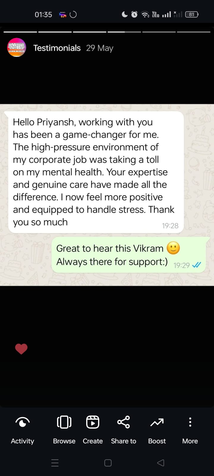 Client message: more positive and equipped to handle stress