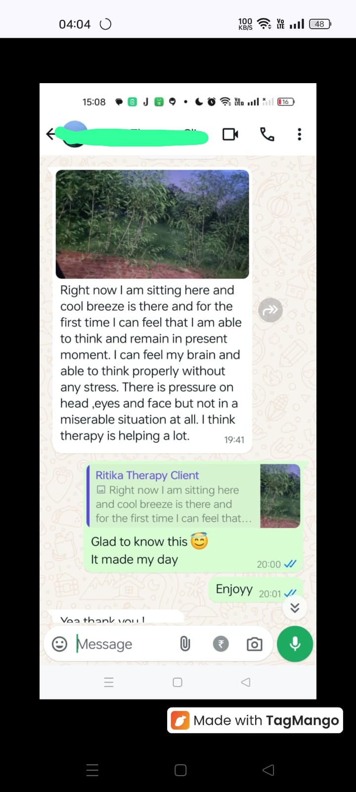 Client message: therapy is helping a lot